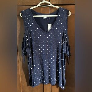 Navy Polka Dot cold shoulder top